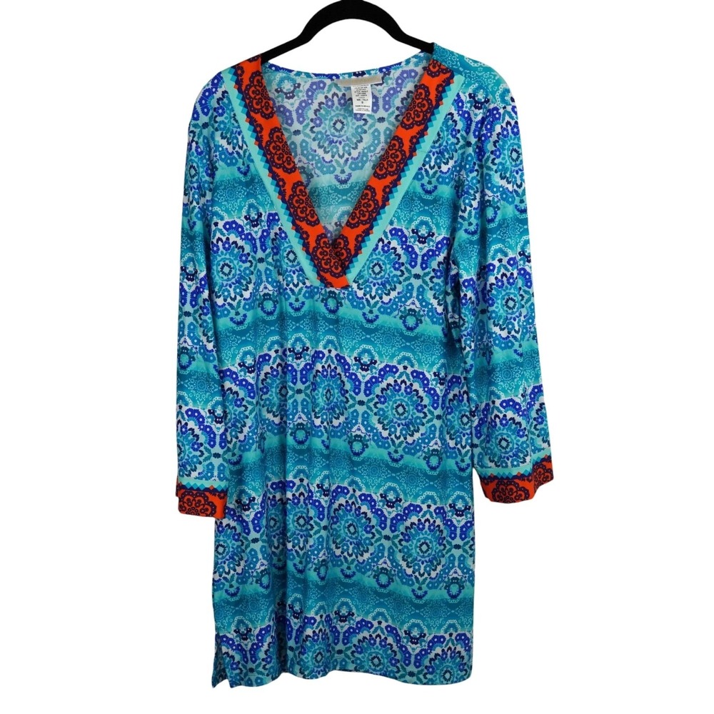 La Blanca Womens V-Neck Swim Tunic Cover Up Blue Dress Turquoise Size S